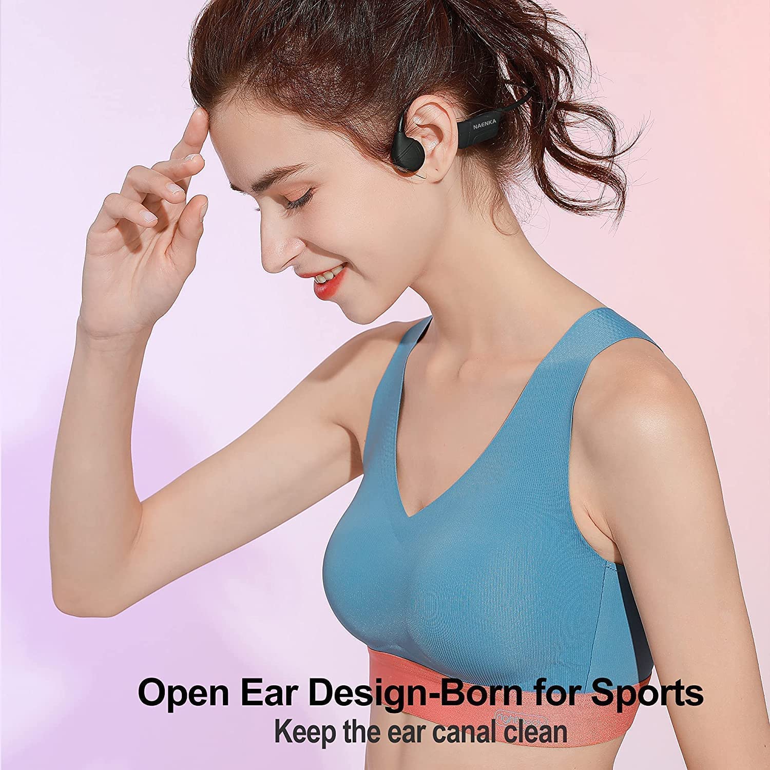 A girl who runs a sport wearing bone conduction headphones