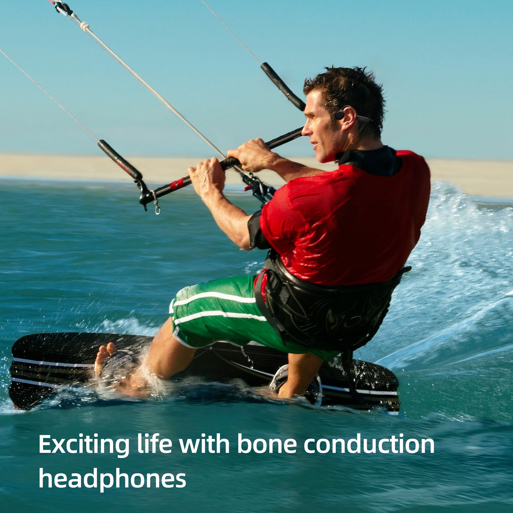 A surfer surfs wearing bone conduction headphones
